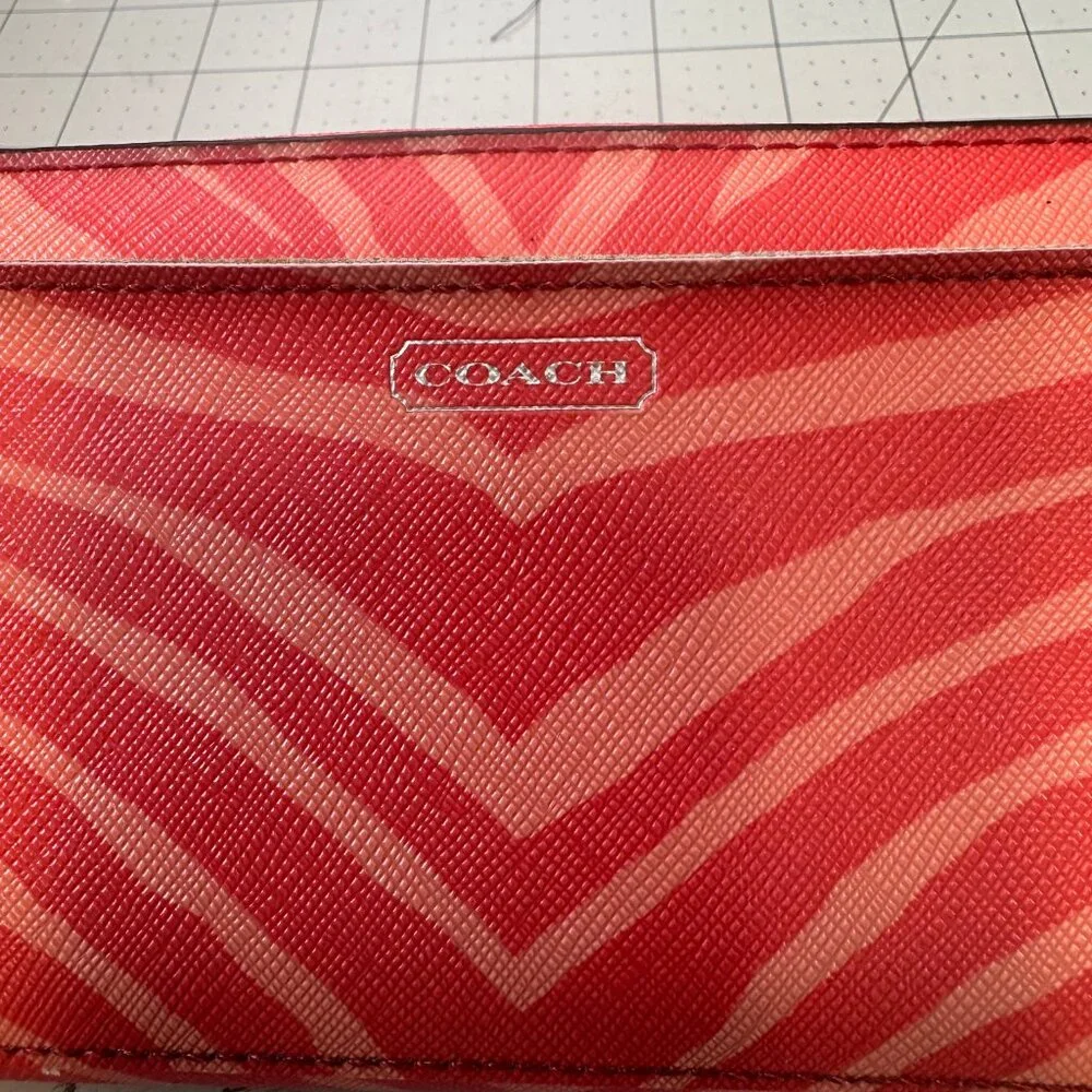 Coach Zebra Animal Print Wallet Coral Color Accordian Zip Around - Picture 2 of 8